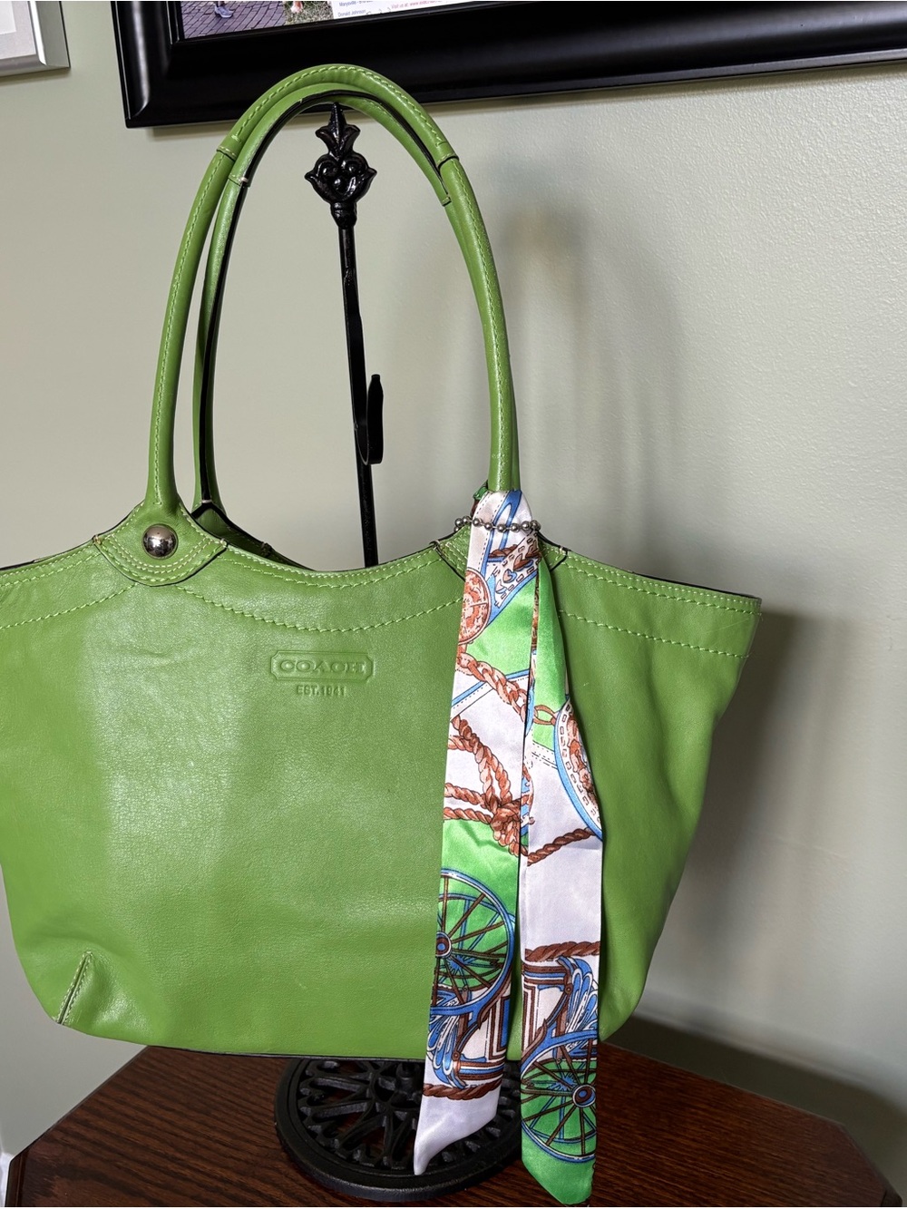 Coach Lime Green Leather Tote with Decorative Scarf